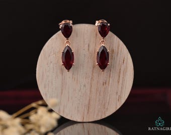 Red Garnet Earrings Personalized Gemstone Dangle Drops Pear 7x10mm, Marquise 8x16mm His & Her Birthstone Earrings Gift For MOM, Gift For Her