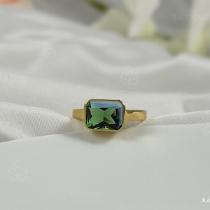 18k Gold Vermeil Green Tourmaline Ring, 7 x 9 Rectangle Green Stone Ring, 925 Sterling Silver Solid Band Ring, Everyday Women Ring, Mom Gift