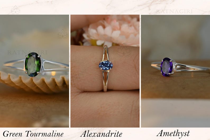 May include: Three silver rings with oval gemstones: green tourmaline, alexandrite, and amethyst. The rings are displayed against neutral backgrounds. The text below each ring identifies the gemstone.