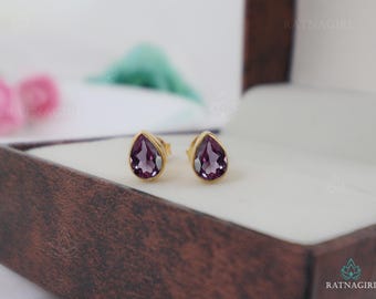 18k Gold Vermeil Alexandrite Pear Stud Earrings, 6 x 8 mm Bezel Handcrafted Studs, Color Changing Gemstone, Fine 925 Silver Crystal Earring