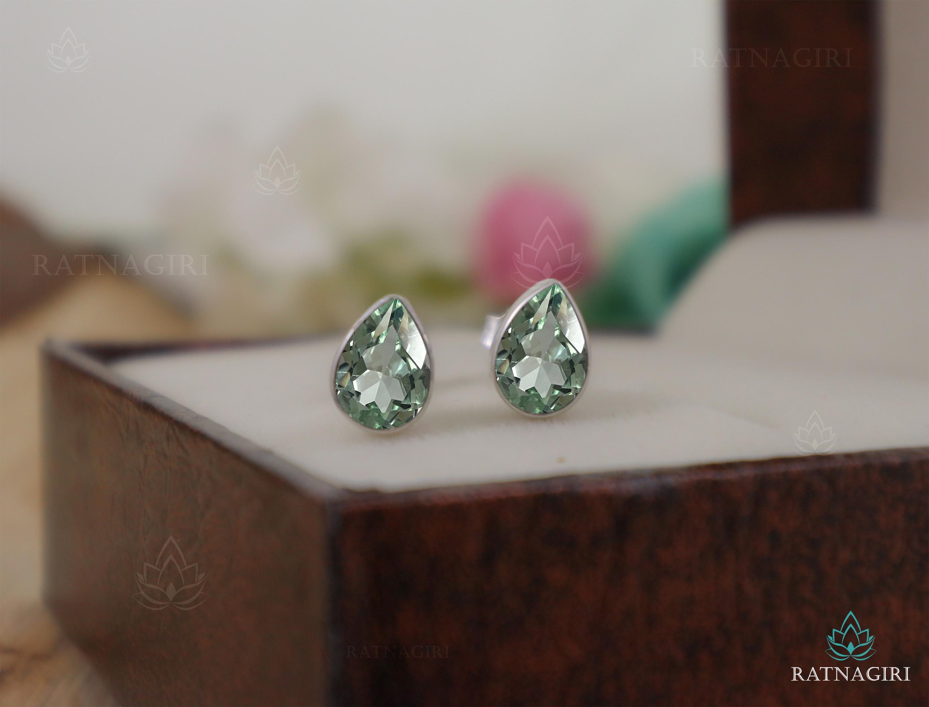 Green Amethyst Pear Cut Stud Earrings, 18k Gold Vermeil Bezel Set Earrings, Prasiolite Crystal Earrings, Dainty 925 Silver Handcrafted Studs