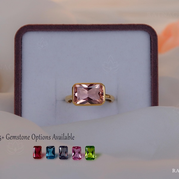Solid Band East West Bezel Set Morganite Ring, 18k Gold Vermeil Ring, 925 Sterling Silver, Handcrafted Solitaire Ring, Pink Crystal Ring