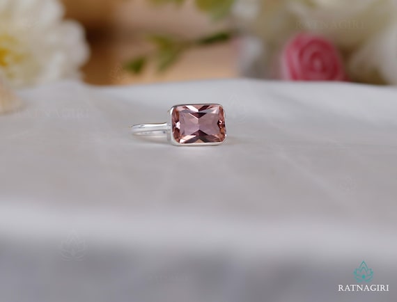 Solid Band East West Bezel Set Morganite Ring, 18k Gold Vermeil Ring, 925 Sterling Silver, Handcrafted Solitaire Ring, Pink Crystal Ring