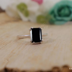 Black Onyx 925 Sterling Silver Emerald Cut Solitaire Ring, 18k Gold Vermeil Fine Handcrafted Ring, Mom Gift, Daughter Gift, Everyday Ring