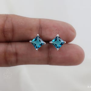 London Blue Topaz Sterling Silver Stud Earrings, Handmade 6mm Square Princess Cut Studs For Women Earrings Gift For Her Gold Vermeil Studs