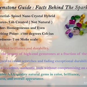 May include: A gemstone guide titled "Facts Behind The Sparkle" with text describing the material, source, color, melting point, and hardness. A cluster of colorful, lab-created gemstones in various shapes and sizes is displayed.
