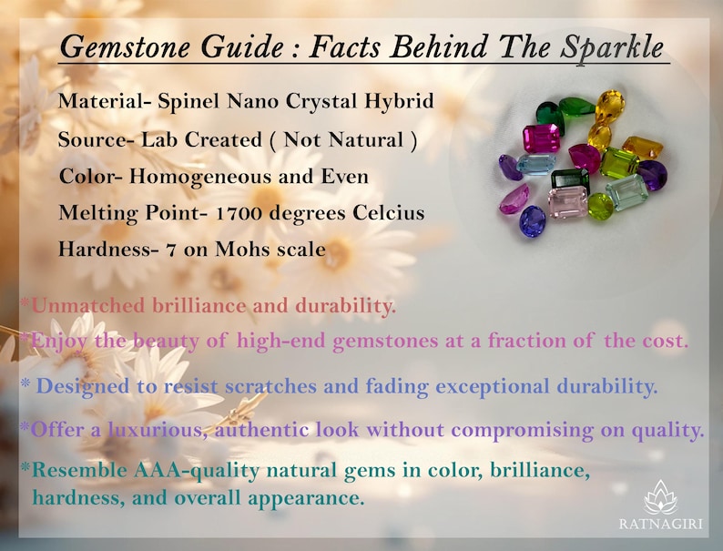 May include: A gemstone guide titled "Facts Behind The Sparkle" with text describing the material, source, color, melting point, and hardness. A cluster of colorful, lab-created gemstones in various shapes and sizes is displayed.