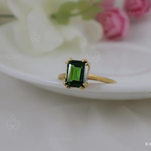 18k Gold Vermeil Green Tourmaline Ring, Emerald Cut Sterling Silver