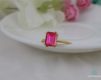 Emerald Cut Pink Crystal Ring, 18k Gold Vermeil Sterling Silver