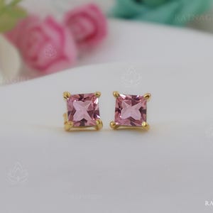 18k Gold Morganite Stud Earrings, Morganite Crystal Earrings, 925 Solid Silver Handcrafted Earrings, Minimalist Square Earrings Gold Vermeil