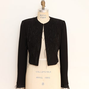vintage 90s Alberto Makali black fitted cropped blazer with feather + black rhinestone detail