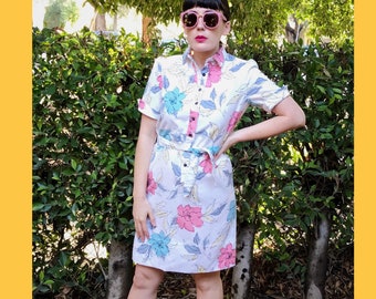 vintage 80s Schrader Sport white with floral print shirtdress with matching waist tie