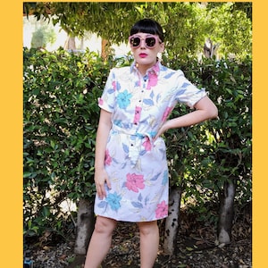 vintage 80s Schrader Sport white with floral print shirtdress with matching waist tie