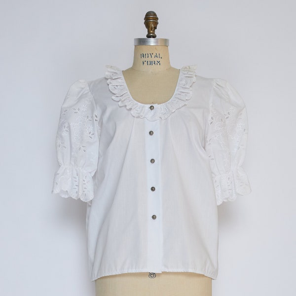 Ernst Licht Imports • white cotton German embroidered lace puffed sleeve blouse • size: 16