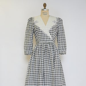 70s/80s vintage ACT I New York black+white buffalo plaid 3/4 sleeve, midi-length cotton dress • size: 9/10