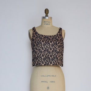 60s vintage unbranded peachy-nude + dark navy sleeveless lace top • size: XS