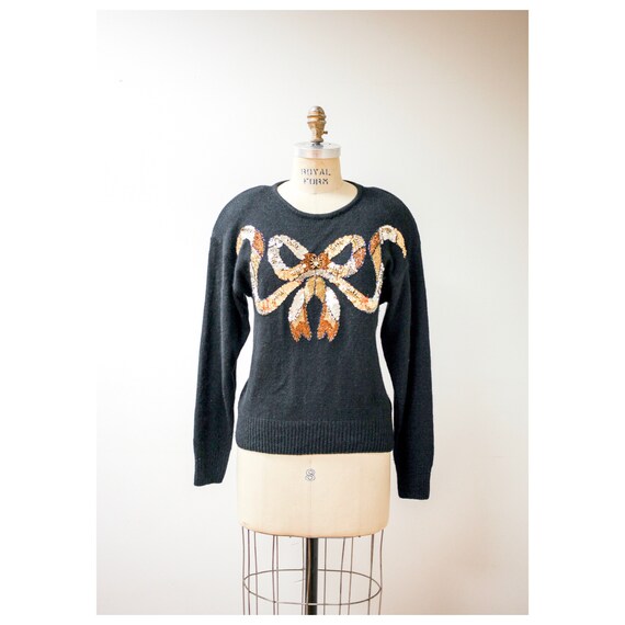 90s Sheridan Square black silk Angora holiday bow sweater • size: small