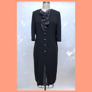 vintage &#39;90s Dana Paris 3/4 sleeve black shift dress with polka dot ruffle/curly front detail