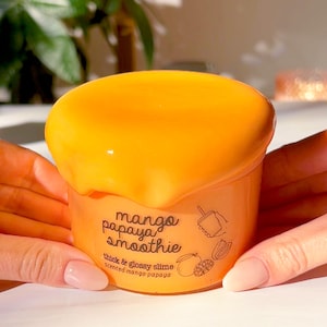 Smoothie mangue papaye, Slime épais et brillant, Slime tropical smoothie parfumé, Slime fruité, Cadeau pour elle et lui, Boutiques de slime, Fantasmes de slime