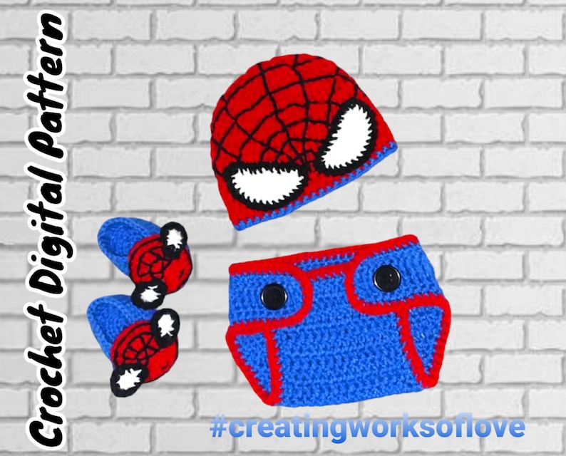 Puede incluir: Patr&oacute;n de crochet para un disfraz de beb&eacute; Spider-Man, que incluye un gorro, botines y una cubierta de pa&ntilde;al. El gorro es rojo y azul con un dise&ntilde;o de ara&ntilde;a negra y ojos blancos. Los botines son azules con dise&ntilde;os de ara&ntilde;a rojos y negros. La cubierta de pa&ntilde;al es azul con ribete rojo y botones negros.
