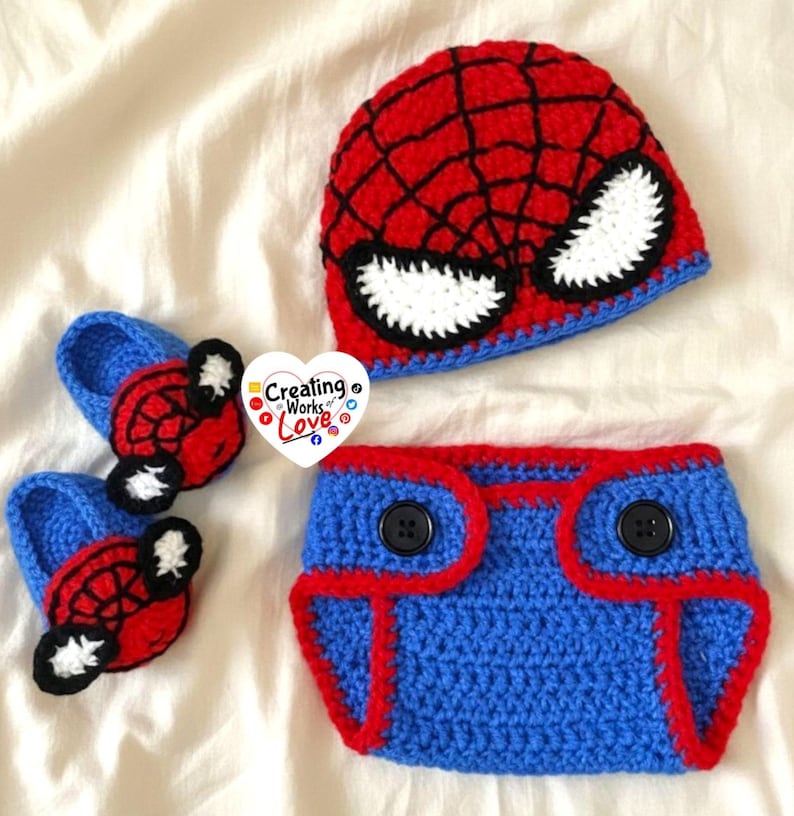 Patrón para conjunto de cubrepañal de Spiderman a crochet, talla 0-3 meses imagen 2