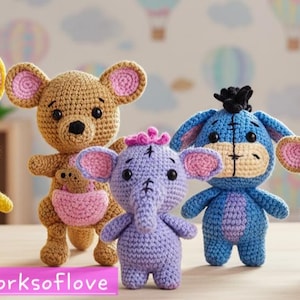 Winnie The Pooh And Friends amigurumi pattern,  crochet pattern, lumpy,  Heffalump,  rabbit, roo, Kanga,  eeyore