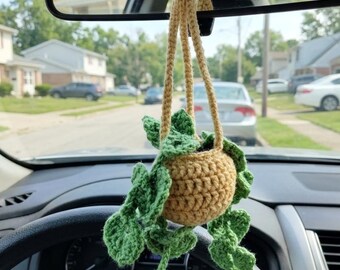 Crochet Car Hanging Plant: Handmade Rearview Mirror Decor