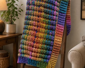 Crochet multicolored textured throw blanket