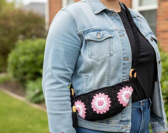 Handmade Crochet Crossbody Bag: Black with Pink Accents