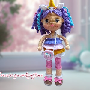 Crochet Unicorn Doll: 16&quot; Handmade Plush with Removable Purse