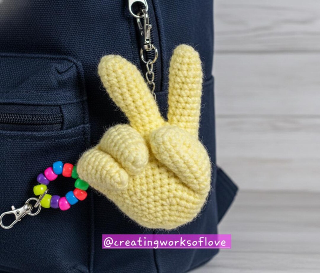 Crochet Peace Sign Keychain: Handmade Emoji Hand Bag Charm - Etsy