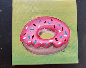 Donut canvas painting/Mini canvas art/ Original acrylic realistic food painting/gifts under 50/food lovers gift ideas/Food wall art