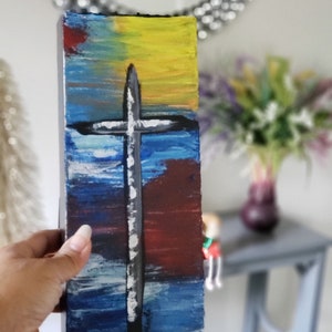 Hand painted Customized painting of a biblical christian cross on a rectangle canvas / Original painting with pallet knife