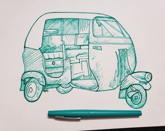 Vintage Auto Rickshaw- Indian art/Original Line Art/Ink pen illustration drawing/ Mumbai Wall Décor/Indian 3 wheel Vehicle