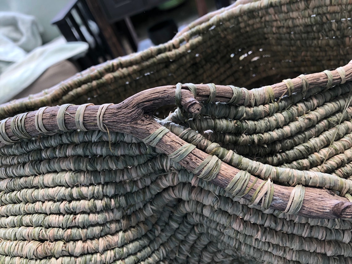 Handmade Coiled Raffia Basket With Clackamas River Drift Etsy
