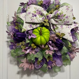 Fall Big Bow Lavender and Lime Wreath and Front Door Decor with Lime and Purple Pumpkins