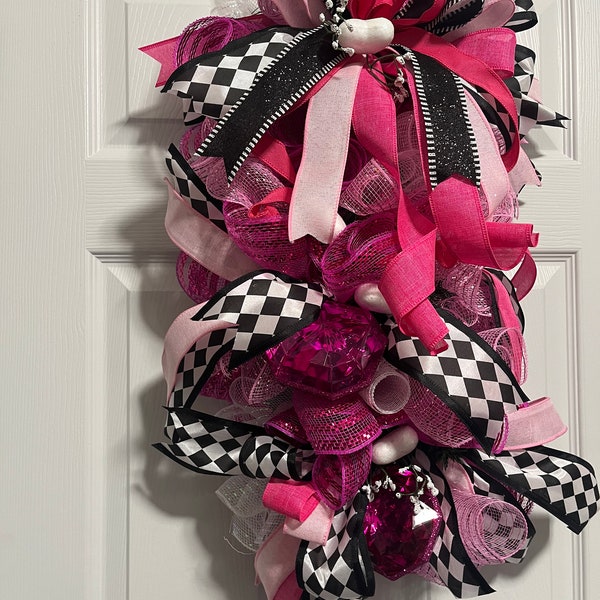 All Year Use Pink Black White and Jewel and Gem Swag designed with white Hearts Front door decor for wall or door