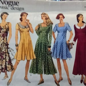 May include: Vogue basic design sewing pattern featuring illustrations of five different dresses. The dresses include a floral print, a yellow dress with a Peter Pan collar, a green dress, a blue polka dot dress, and a burgundy dress.