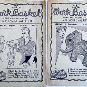 May include: Two vintage "Work Basket" magazines. The August issue features illustrations of women in knitwear, while the September issue showcases a knitted elephant. Both covers have the magazine title and issue details.