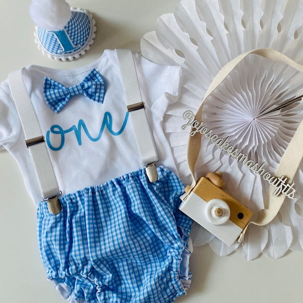 Baby Boys Cake Smash Outfit. 1st birthday set. Baby Blue gingham Fabric/ white. Bow tie, braces, hat, nappy/diaper cover. Spring/summer