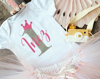 Baby Girls Princess Cake Smash outfit. Tutu, vest and crown. Sparkly pink. Birthday clothing.