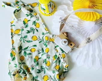 Lemon yellow Cake smash Outfit with bow headband or Party hat. party, cakesmash, photography. Spring/summer. Lemonade