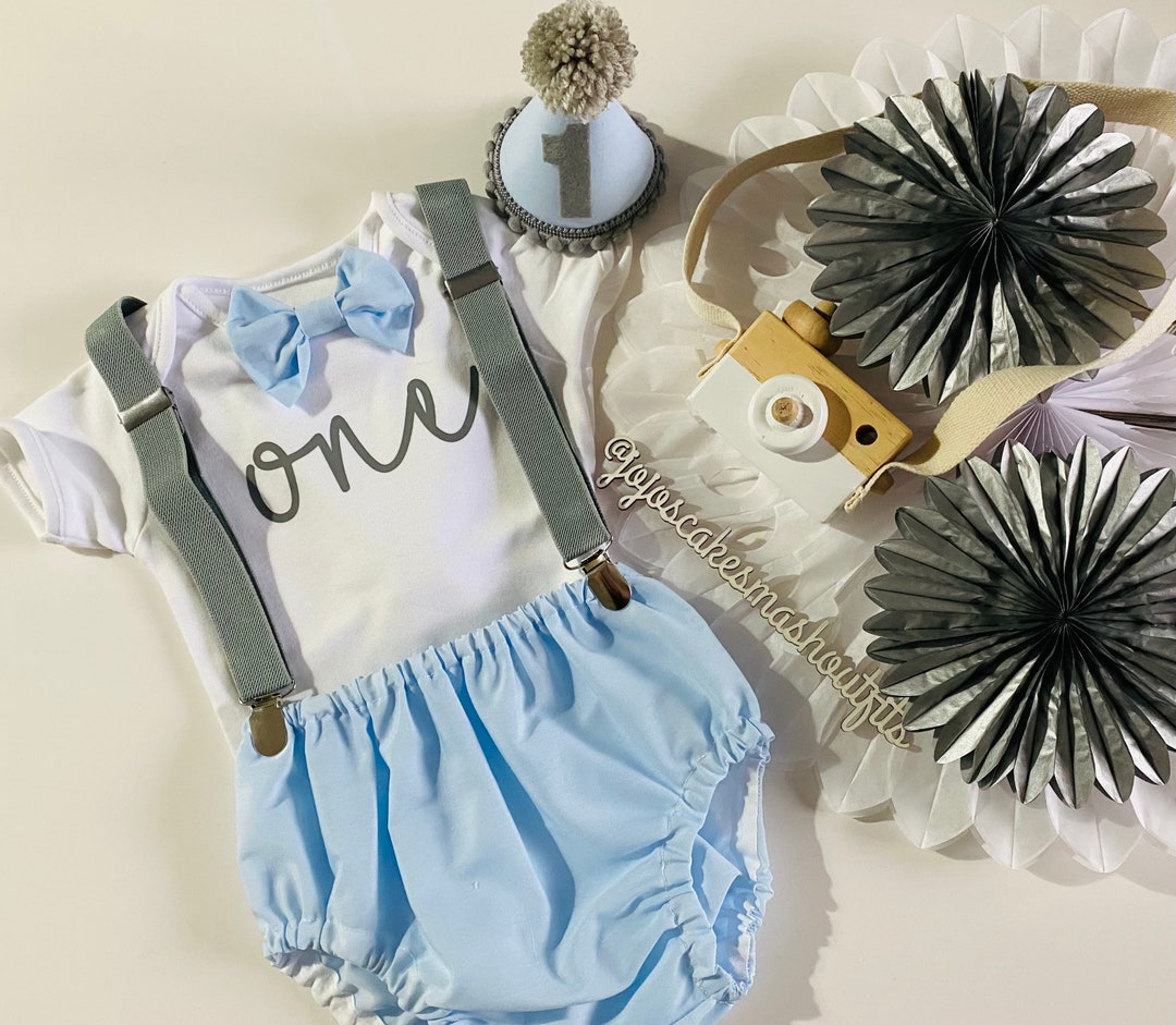 Seersucker Baby Boy Bow Tie And Suspenders Outfit Toddler Suit - Main Image