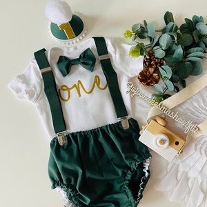 Baby Boys Cake Smash Outfit. 1st birthday set. Forest Green and gold Fabric/ white. Bow tie, braces, hat, nappy/diaper cover. Safari