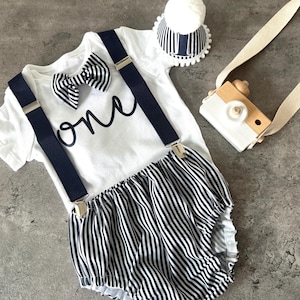 Baby Boy Cake Smash Outfit: Navy Stripe, Bow Tie, Braces.