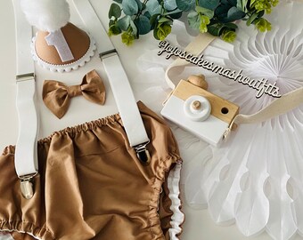 Handmade Baby Boy Cake Smash Outfit: Brown Bow Tie, Braces, Hat.