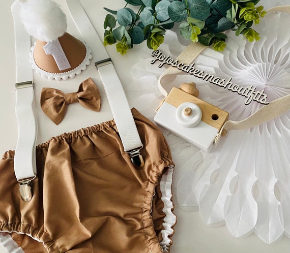 Handmade Baby Boy Cake Smash Outfit: Brown Bow Tie, Braces,