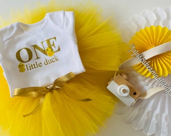 Baby Girls yellow ‘one’ little duck.  Cake Smash outfit. Tutu, vest. Sparkly. Birthday clothing. Rubber duck party.