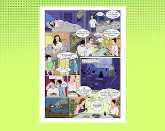 Peut inclure: Bande dessinée en plusieurs cases, illustrant des scènes de la vie quotidienne. Des bulles de texte contiennent des phrases comme "J'ai préparé le petit-déjeuner pour nous !" et "Comment se passe la vie avec le bébé à bord ?". Le style artistique est simple avec des contours marqués.