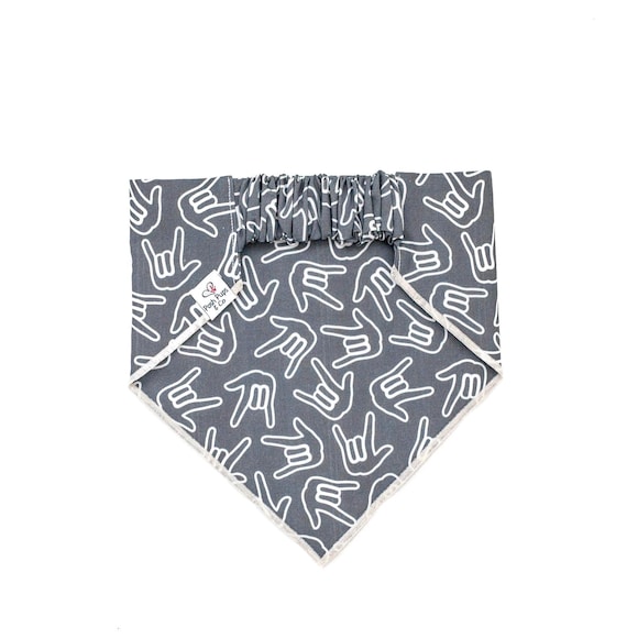 ASL ILY on Grey Scrunchie Dog Bandana, I Love You ASL Dog Bandana